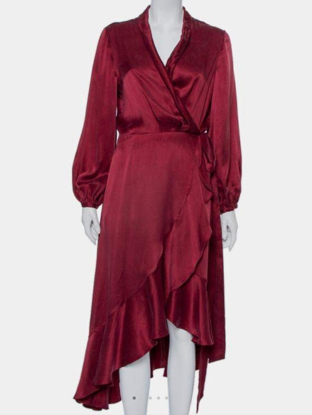Zimmermann Burgundy Silk Wrap Tie Dress With Ruffles, Brand Size 0